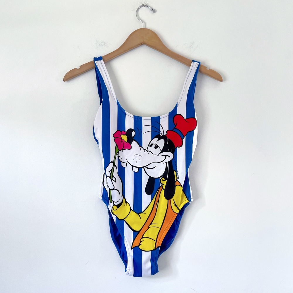 Vintage Disney Goofy Striped One Piece Swimsuit Small Blue White Retro 90s